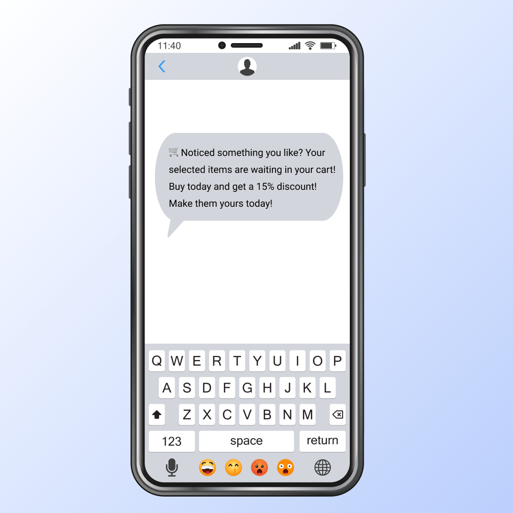 A mockup of an iphone illustrating a Abandoned Cart Recovery sms on Black Friday