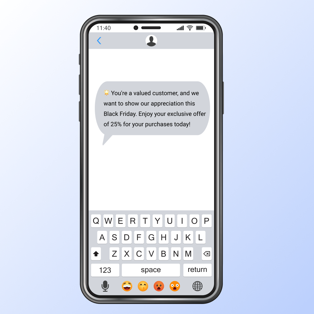 A mockup of an iphone illustrating a Loyalty Program Rewards sms on Black Friday