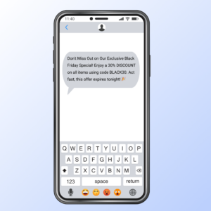 A mockup of an iphone illustrating an Exclusive Discount Offers sms on Black Friday