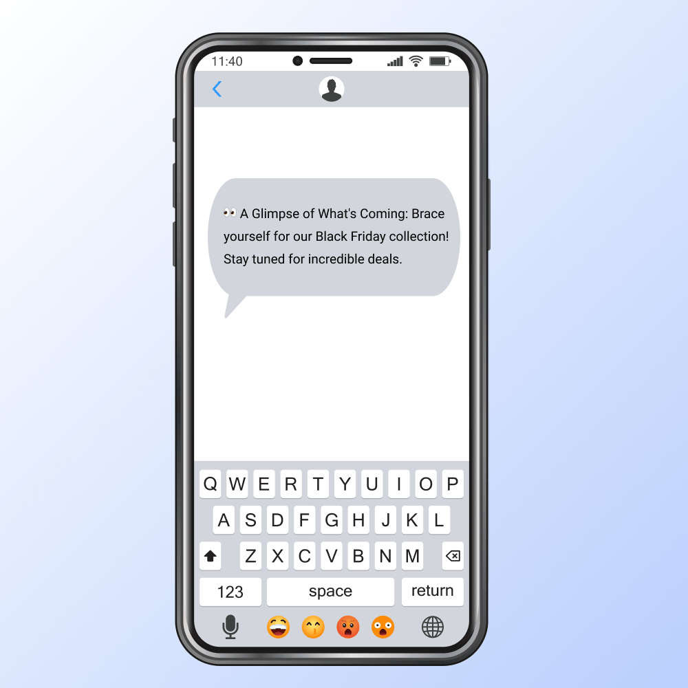 A mockup of an iphone illustrating a Product Teasers and Previews sms on Black Friday