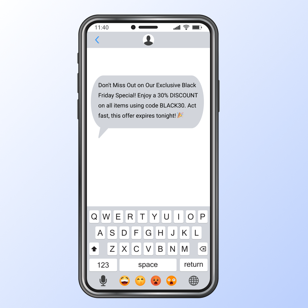 A mockup of an iphone illustrating an Exclusive Discount Offers sms on Black Friday