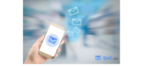 A hand holding a phone with the logo of smsto and above it a large number of messages flying away